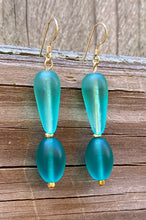 Load image into Gallery viewer, Fern Earrings: Teal Czech Sea Glass & 14K Gold Findings