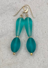 Load image into Gallery viewer, Fern Earrings: Teal Czech Sea Glass &amp; 14K Gold Findings
