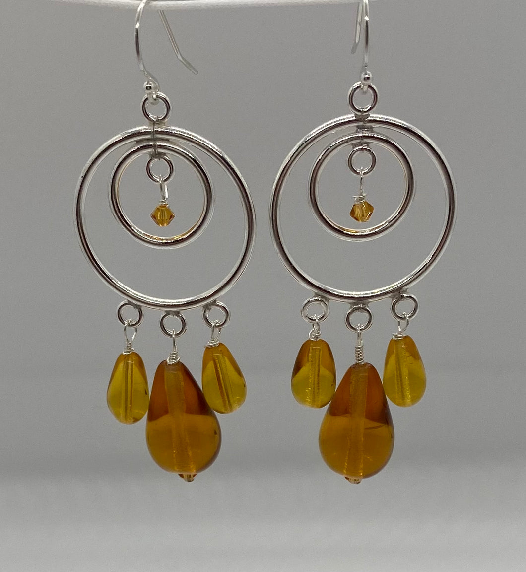 Dahlia Earrings: Sterling Silver with Silver Plated Copper and Amber Glass