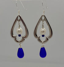 Load image into Gallery viewer, Marina Earrings: Rhodium-Plated Pewter, Royal Blue Czech Glass and Freshwater Pearls
