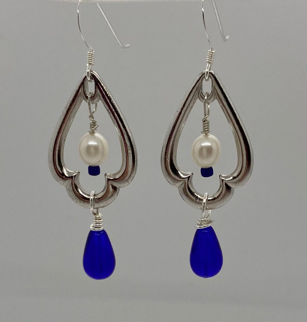 Marina Earrings: Rhodium-Plated Pewter, Royal Blue Czech Glass and Freshwater Pearls