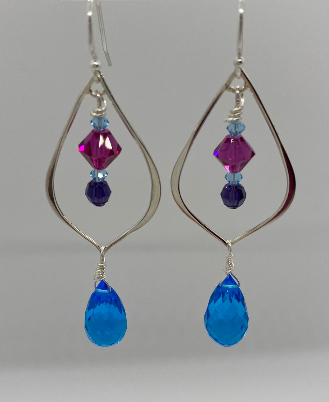 Cleo Earrings: Sterling Silver Chandeliers with Swarovski Crystal & Swiss Blue Quartz