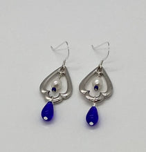 Load image into Gallery viewer, Marina Earrings: Rhodium-Plated Pewter, Royal Blue Czech Glass and Freshwater Pearls
