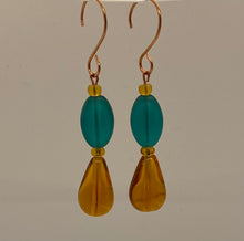 Load image into Gallery viewer, Teresa Earrings: Copper with Amber &amp; Green Czech Glass
