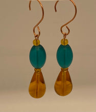 Load image into Gallery viewer, Teresa Earrings: Copper with Amber &amp; Green Czech Glass
