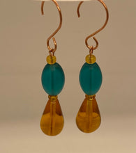 Load image into Gallery viewer, Teresa Earrings: Copper with Amber &amp; Green Czech Glass
