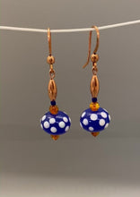 Load and play video in Gallery viewer, Dottie Earrings: Copper, Carnelian &amp; Handmade Cobalt Lampwork Glass
