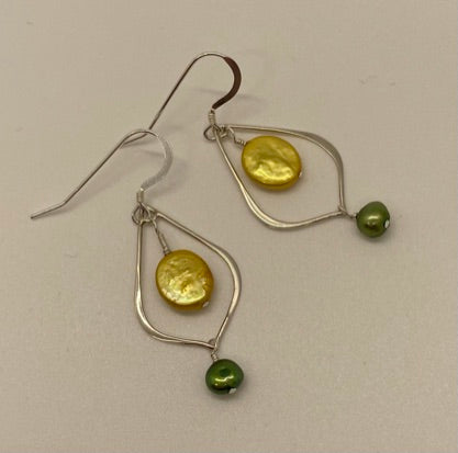 Alice Earrings: Sterling Silver with Yellow & Green Freshwater Pearls