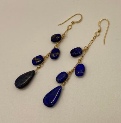 Inara Earrings: 14 K Gold-Filled Figaro Chain with Lapis Lazuli