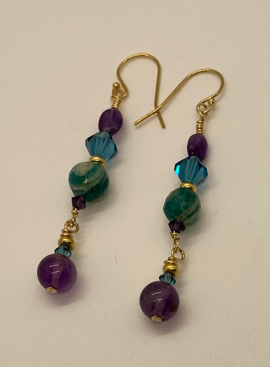 Irina Earrings: 14K Gold-Filled, Amethyst, Amazonite, & Swarovski Crystal