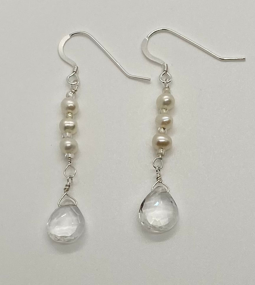 Daphne Earrings: Sterling Silver, Freshwater Pearls & Crystal Quartz