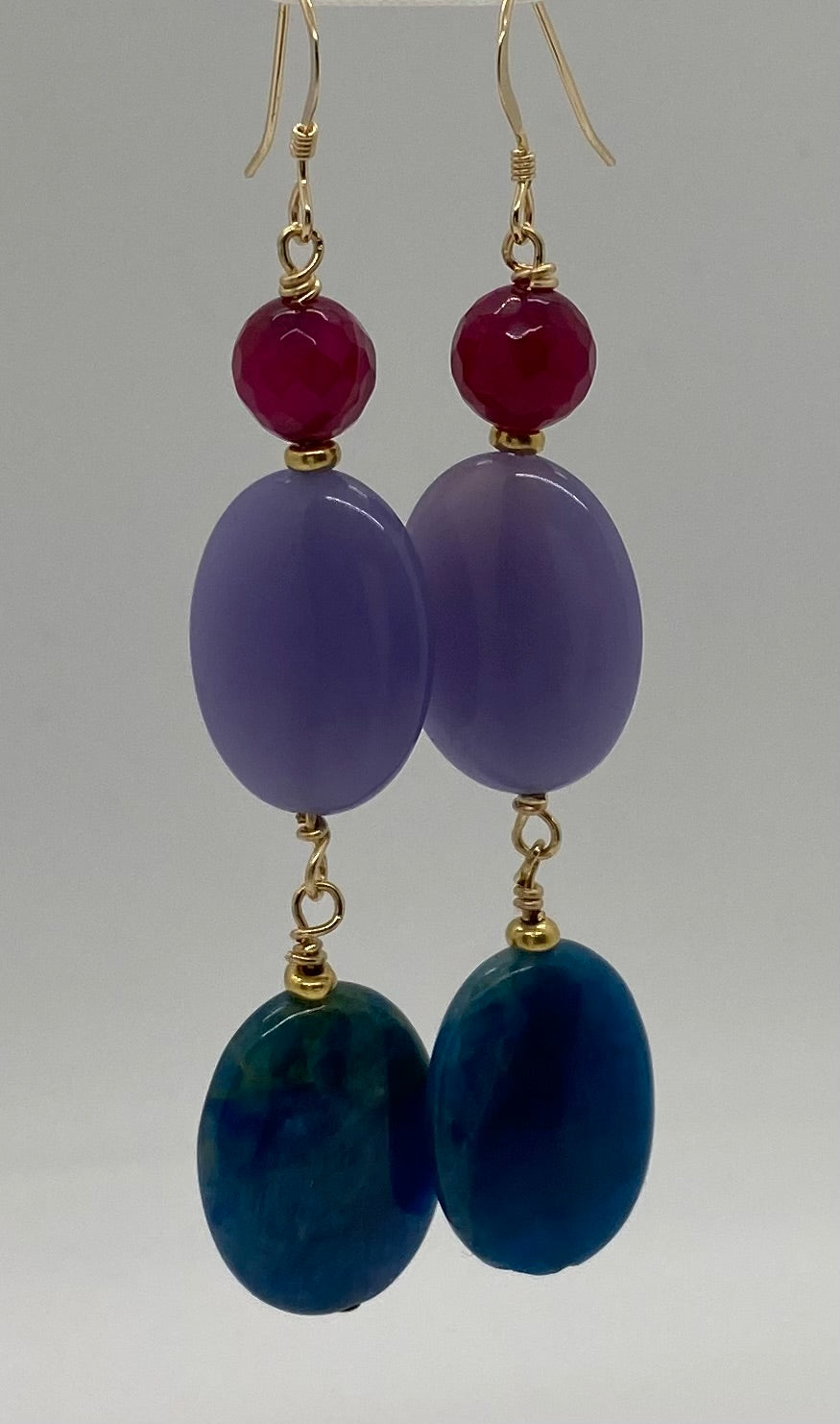 Berengaria Earrings: 14K Gold-Filled, Banded Agate, Vitrium Fluorite & Blue Apatite