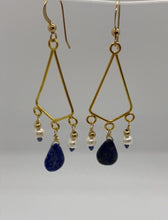 Load and play video in Gallery viewer, Morgana Earrings: Gold-Plated Chandeliers with Lapis Lazuli, Sodalite, &amp; Freshwater Pearls
