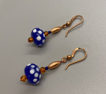 Load image into Gallery viewer, Dottie Earrings: Copper, Carnelian &amp; Handmade Cobalt Lampwork Glass
