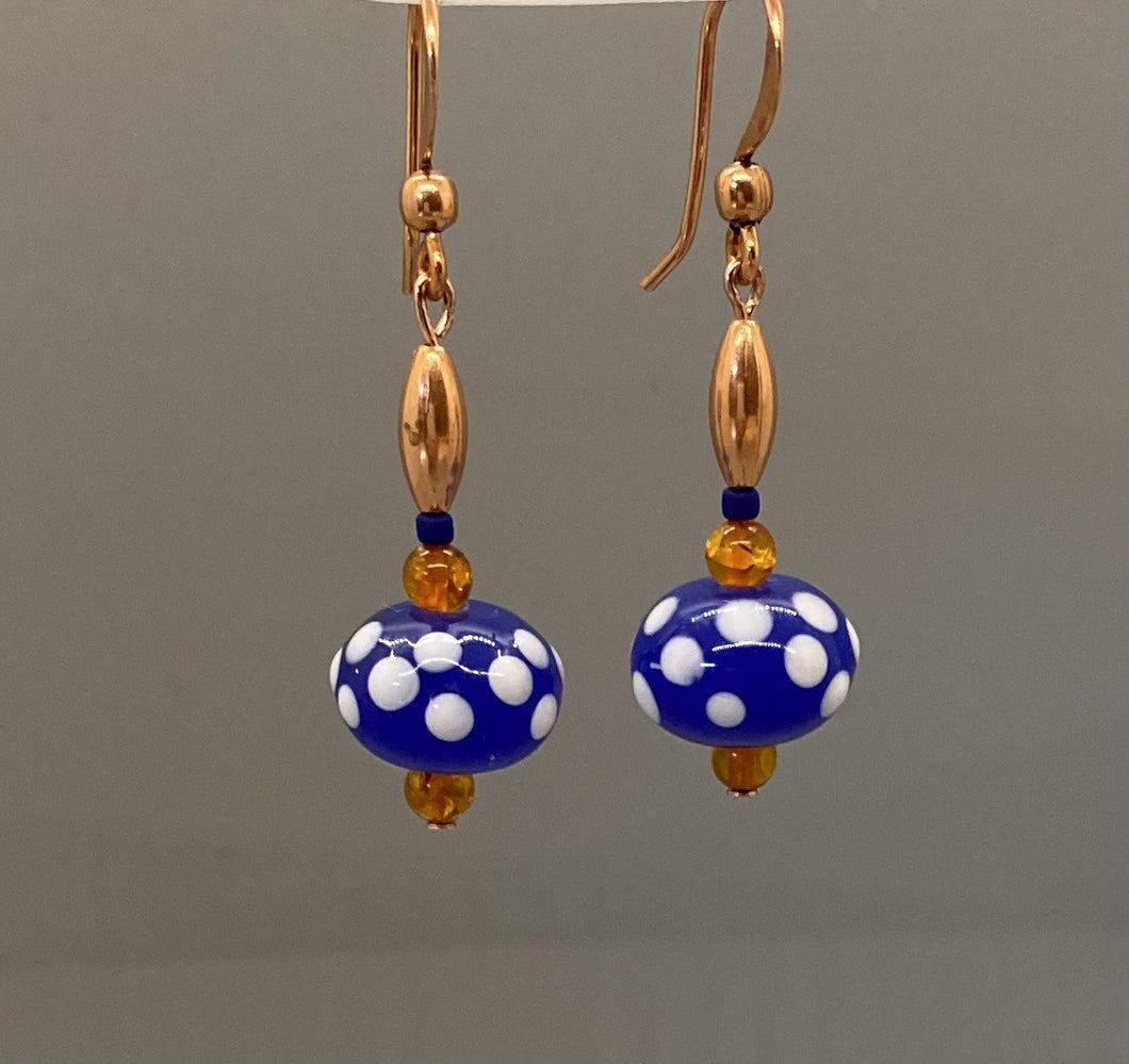 Dottie Earrings: Copper, Carnelian & Handmade Cobalt Lampwork Glass