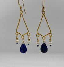 Load image into Gallery viewer, Morgana Earrings: Gold-Plated Chandeliers with Lapis Lazuli, Sodalite, &amp; Freshwater Pearls
