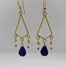 Load image into Gallery viewer, Morgana Earrings: Gold-Plated Chandeliers with Lapis Lazuli, Sodalite, &amp; Freshwater Pearls
