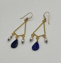 Load image into Gallery viewer, Morgana Earrings: Gold-Plated Chandeliers with Lapis Lazuli, Sodalite, &amp; Freshwater Pearls
